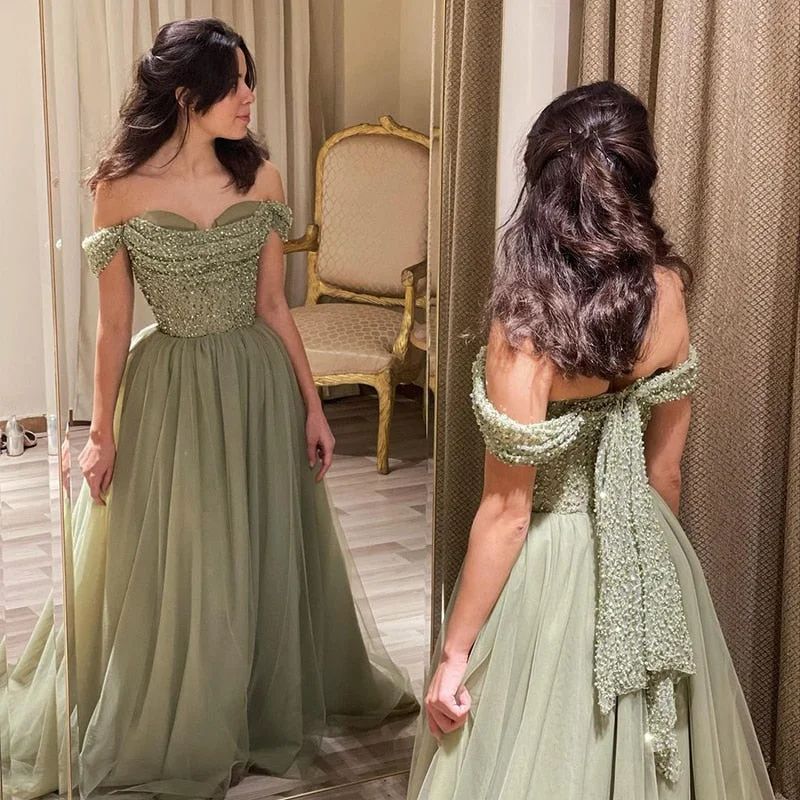Modern Comfort Wear Elegant Off Shoulder Sage Green A-Line Evening Dress SS314