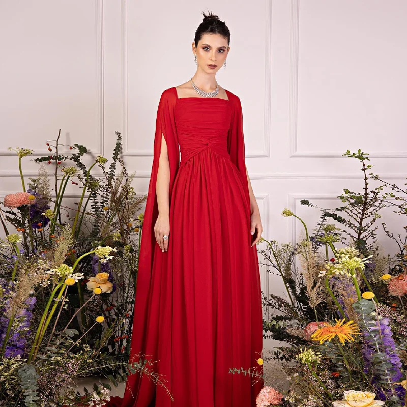 Soft Trends Elegant Red Chiffon Evening Dresses with Cape Sleeves SF032