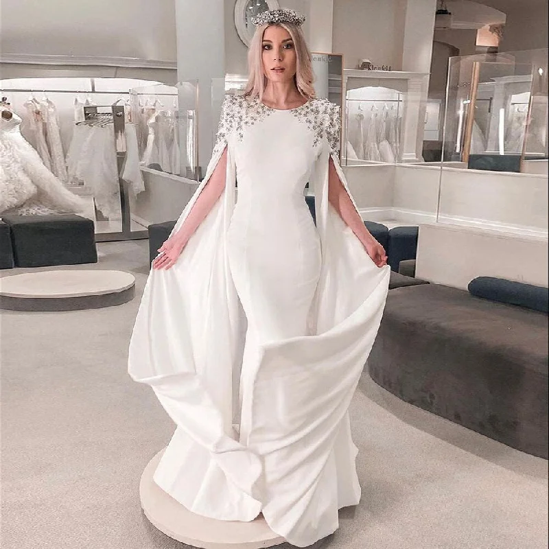 Comfortable Jeans Elegant White Mermaid Evening Dress with Cape Sleeves SS200