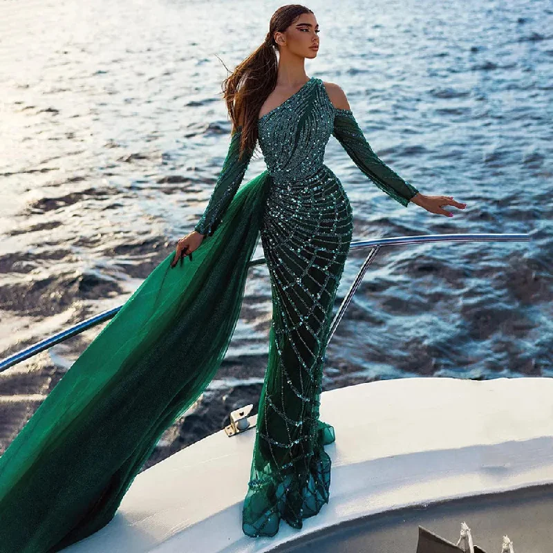 Fashionable Comfort Emerald Green One Shoulder Evening Dress with Overskirt SS413