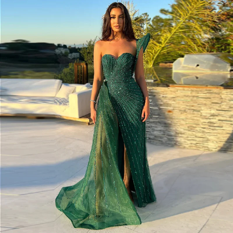 Cozy Street Style Emerald Green One Shoulder Slit Evening Dress with Overskirt SS201