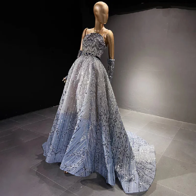 Comfortable Chic Glitter Crystal Beaded Blue Evening Dress with Sleeves SS552