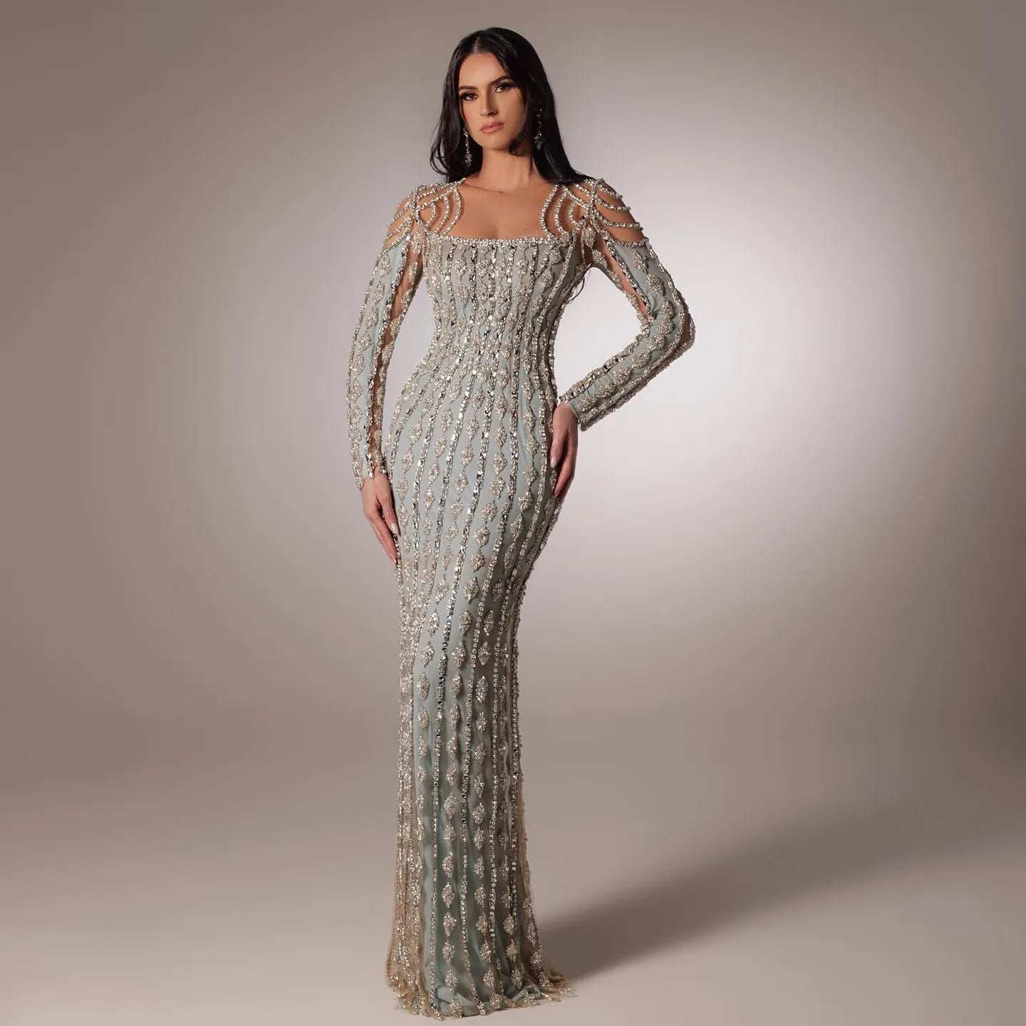 Light Dressing Luxury Sage Green Long Sleeves Mermaid Evening Dress SS398