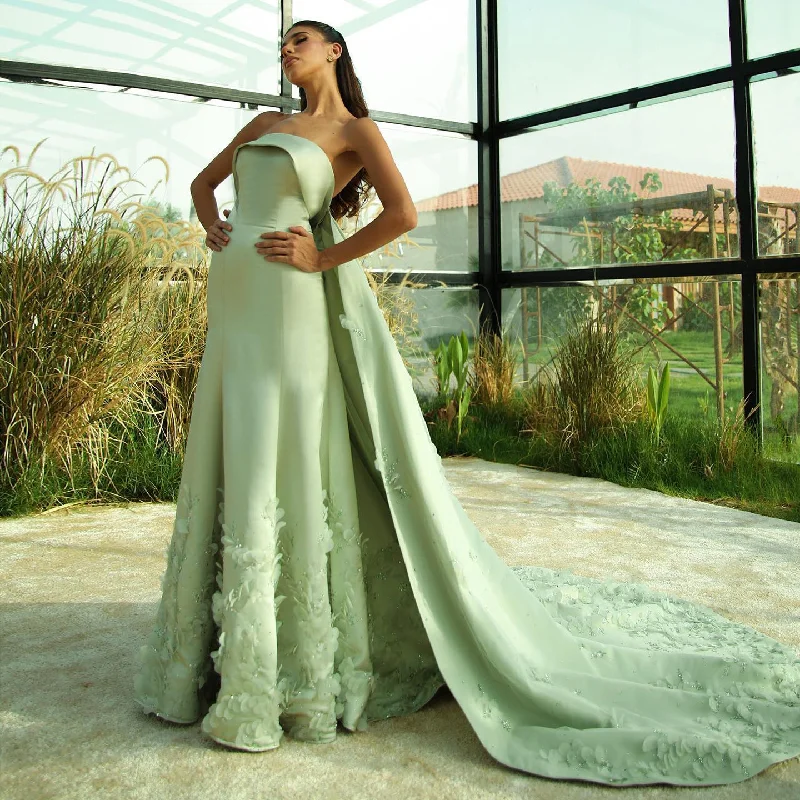 Easygoing Fashion Luxury Crystal 3D Leaves Sage Green Evening Dress with Cape SS449