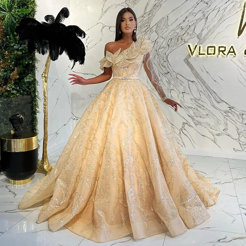 Comfy Layers Luxury Ball Gown Gold One Shoulder Evening Dress SS359