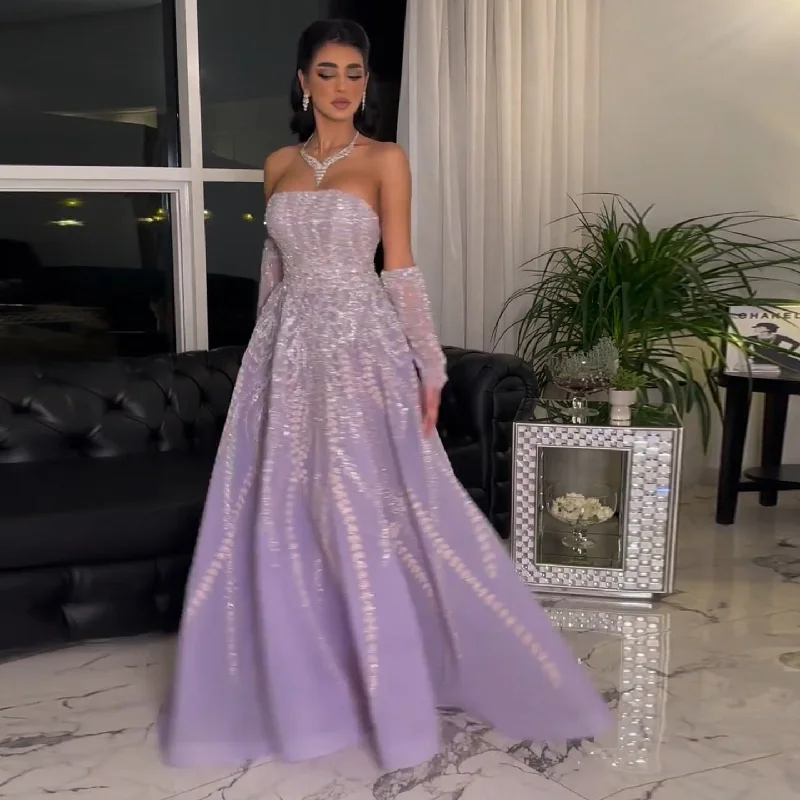 Soft Knitwear Luxury Beaded Lilac Strapless Evening Dress with Sleeves SS462