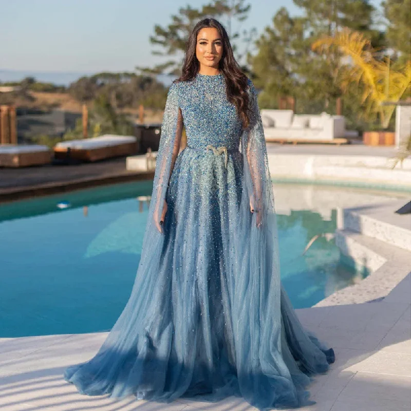 Timeless Style Luxury Blue High Neck Evening Dress with Cape Sleeves SS451