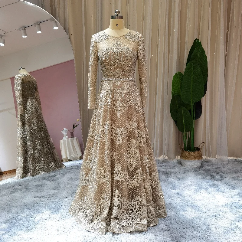 Breezy Comfort For Sale Champagne Lace Long Sleeves Evening Dress SS193