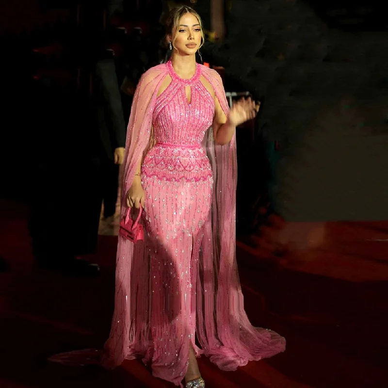 Everyday Chic Luxury Fuchsia Evening Dress with Cape Sleeves SS361