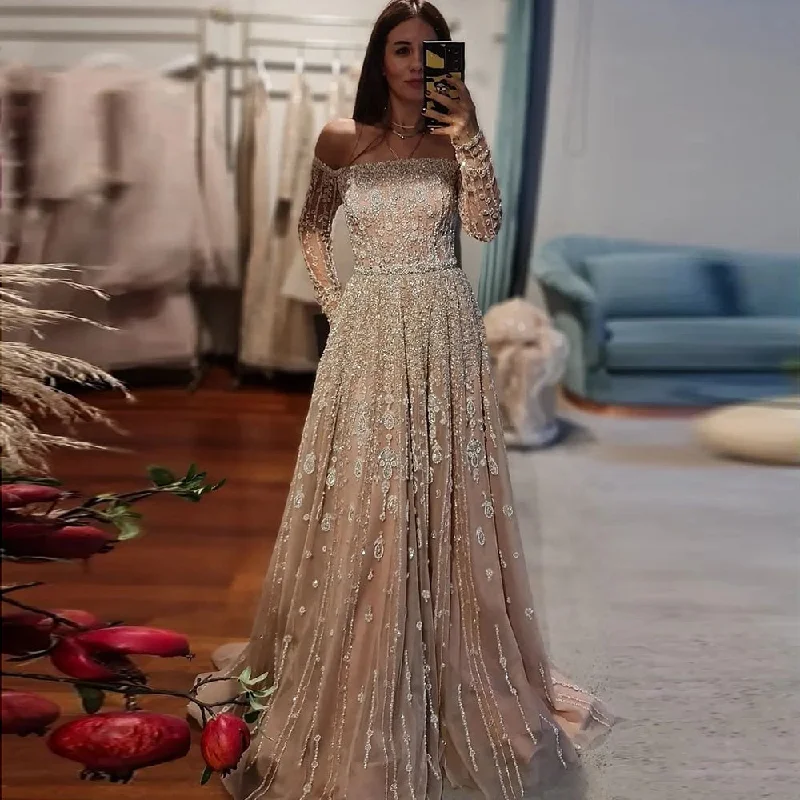 Cozy Outerwear Luxury Nude Off Shoulder Long Sleeves Evening Dress SS489