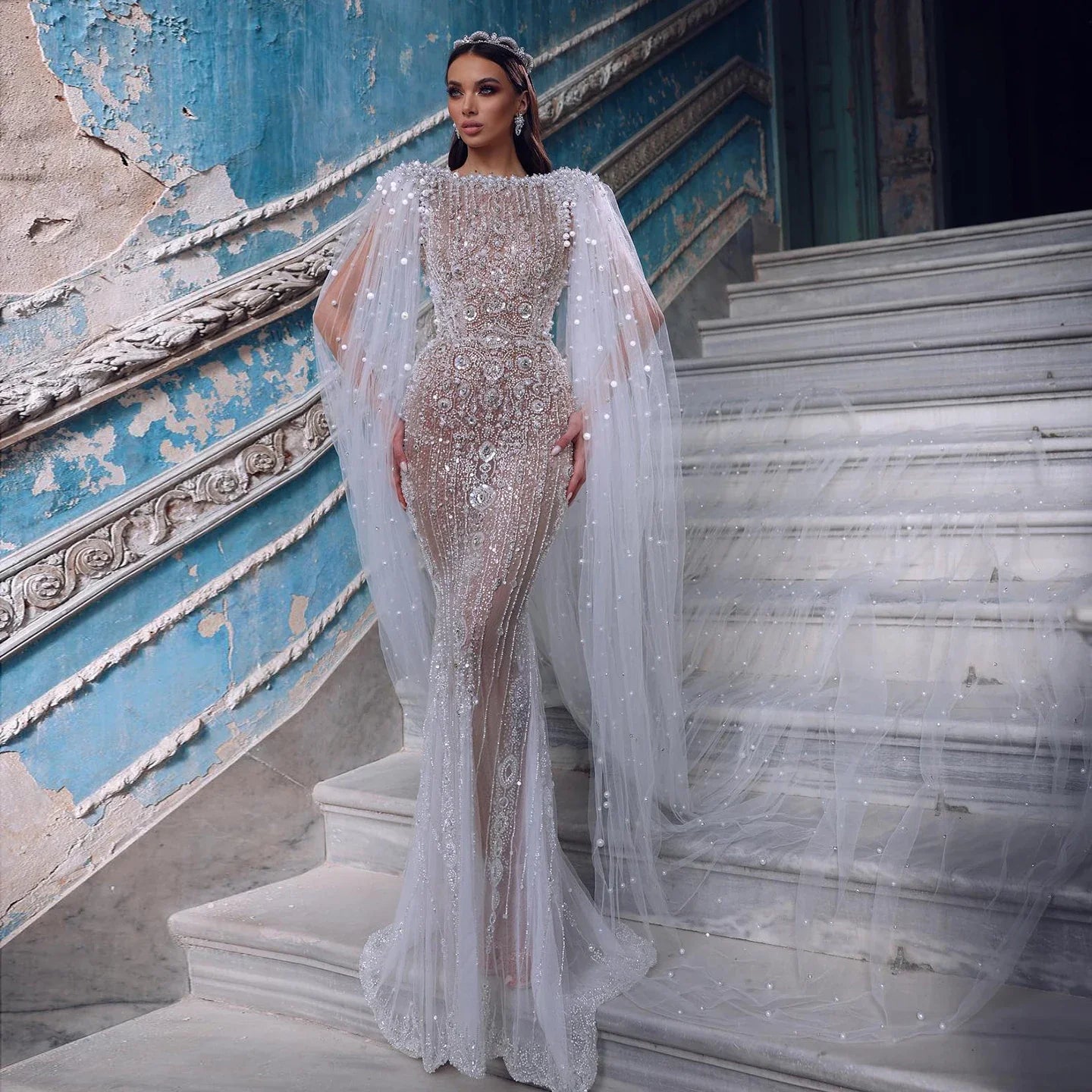 Trendy Looks Luxury White Nude Evening Dress with Cape Sleeves SS458