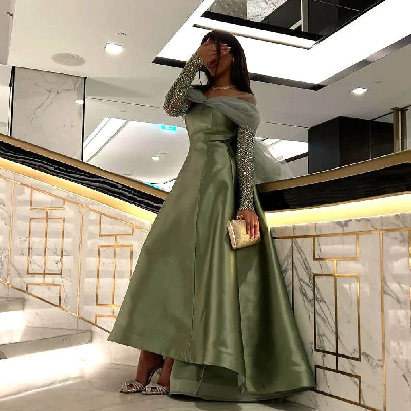 Weekend Comfort For Sale Sage Green Crystal Off Shoulder Evening Dress SS362