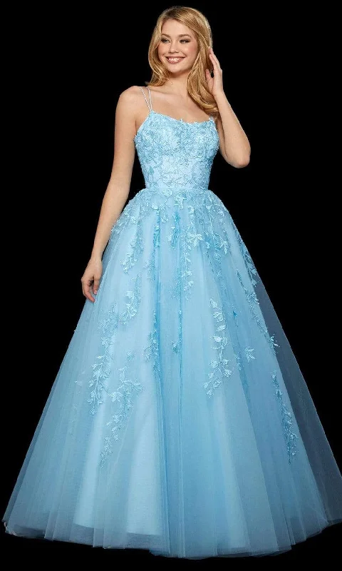 Cozy Knits Sherri Hill - 53116 Floral Lace Appliqued Lace-up Back Ballgown