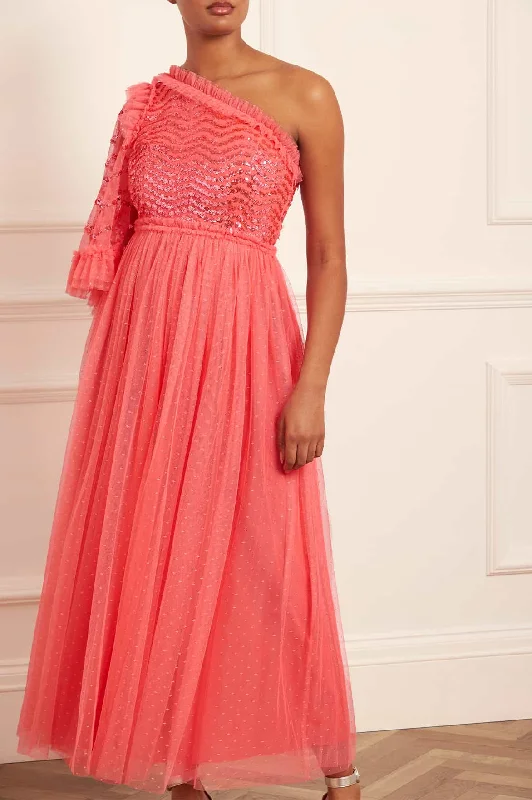 Warm Layers Shimmer Wave Bodice One-Shoulder Ankle Gown
