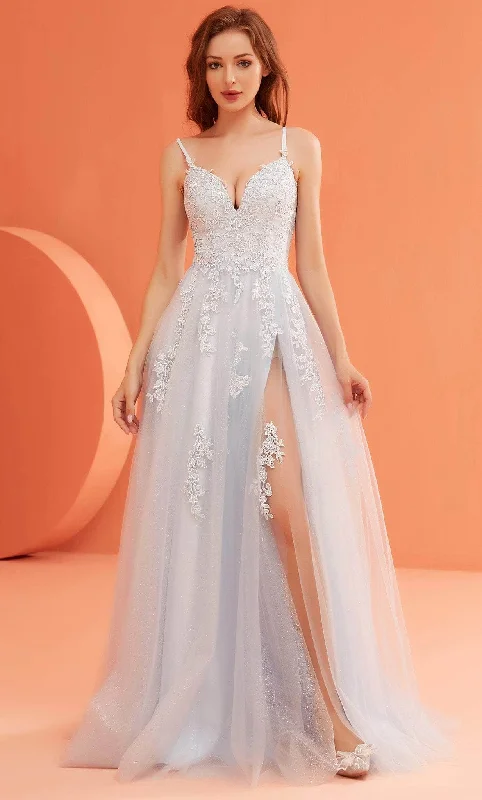 Warm Layers J'Adore Dresses J22022 - V-Neck Lace Appliqued Prom Gown