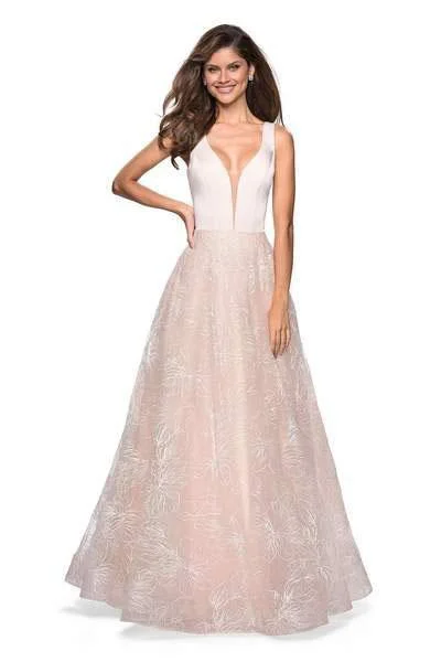 Relaxed Fashion La Femme - 27325 Floral Sequined Lace Deep V-neck A-line Dress