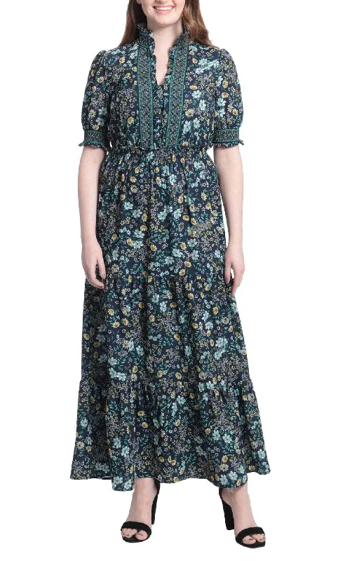 Stylish Casuals London Times T6141M - Banded Puff Sleeve Long Dress