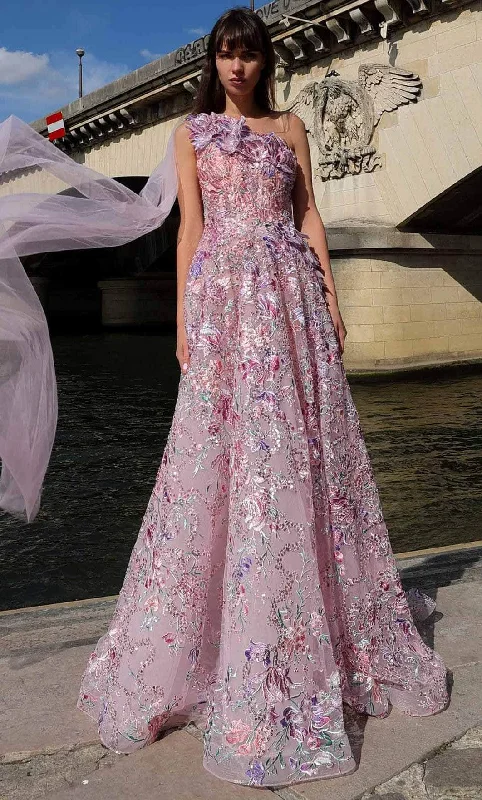 All-Day Style MNM Couture K4020 - Floral Embroidered One Shoulder Gown