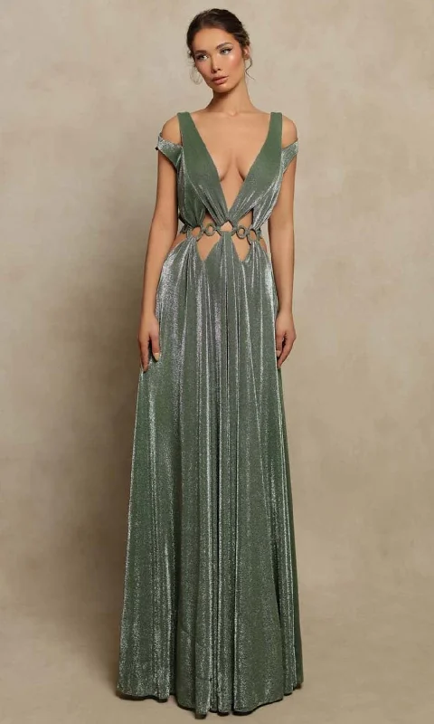 Fashionable Comfort Tarik Ediz - 98074 Plunging Velvet Bangled Long Dress